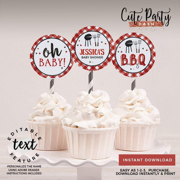 BBQ Baby Shower Cupcake Toppers - Digital Download - Cute Party Dash