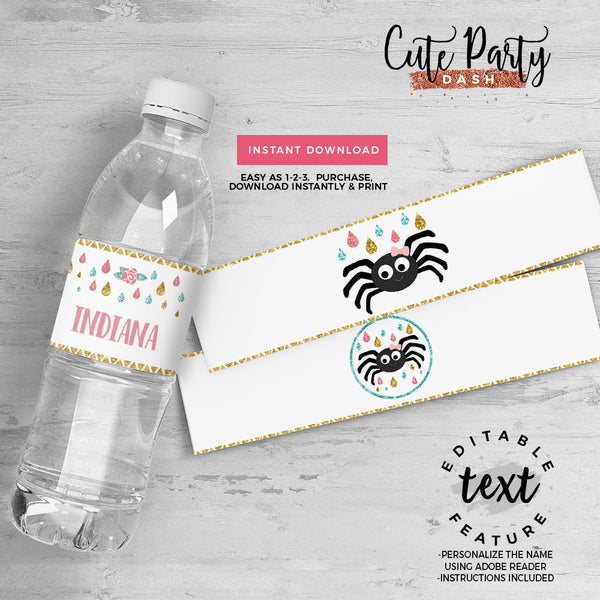 Editable Itsy Bitsy spider First birthday Girl water bottle labels