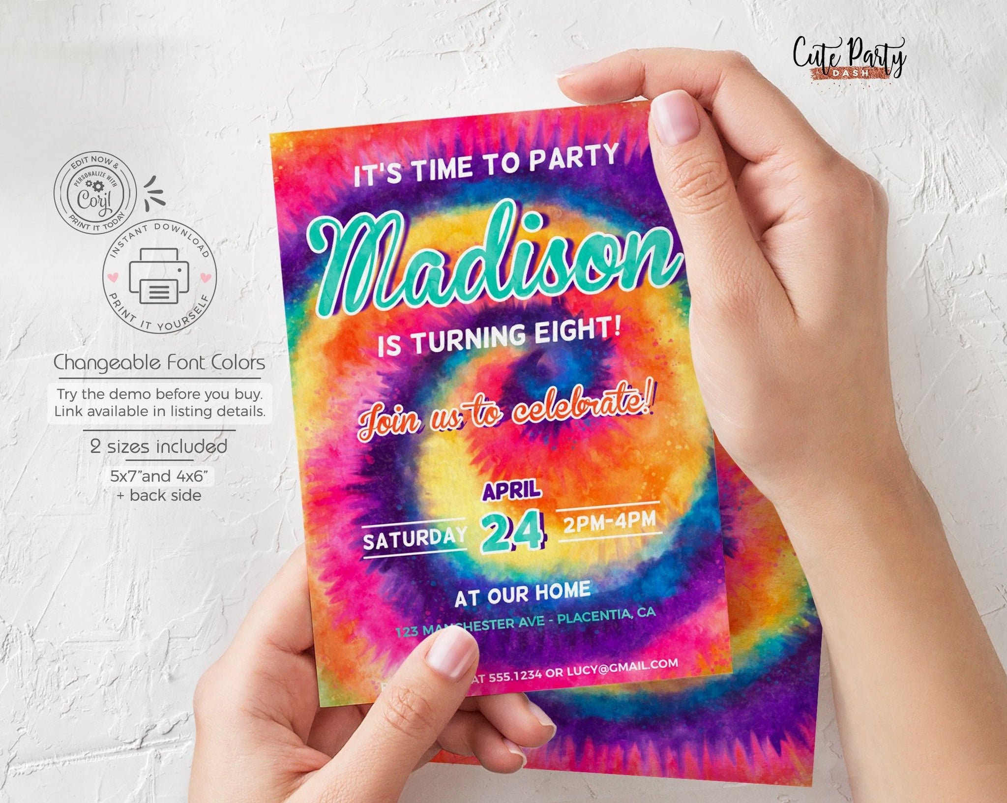 Rainbow Tie Dye Birthday Party Invitation - Digital Download - Cute Party Dash
