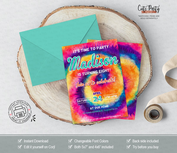 Rainbow Tie Dye Birthday Party Invitation - Digital Download - Cute Party Dash