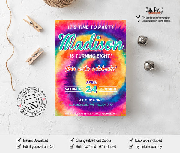 Rainbow Tie Dye Birthday Party Invitation - Digital Download - Cute Party Dash